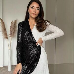 H&M Black and White Sequin Wrap Dress